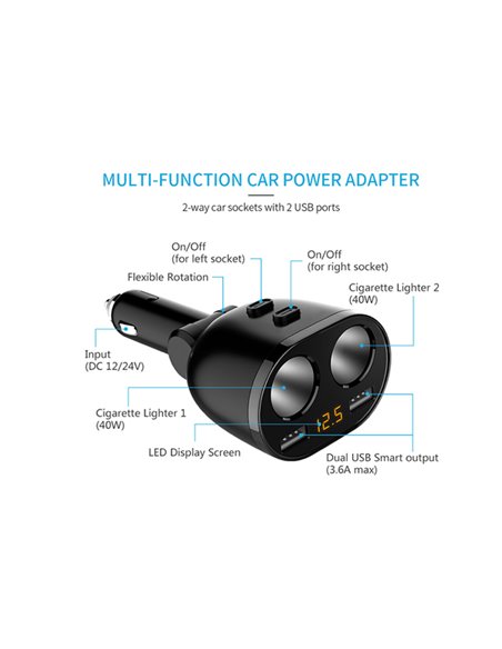 INCARCATOR AUTO 2XUSB (1x2.4A si 1x1A) SI 2XPRIZA BRICHETA AUTO CU AFISAJ TENSIUNE/PUTERE LED