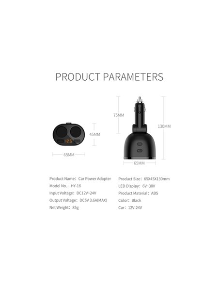 INCARCATOR AUTO 2XUSB (1x2.4A si 1x1A) SI 2XPRIZA BRICHETA AUTO CU AFISAJ TENSIUNE/PUTERE LED