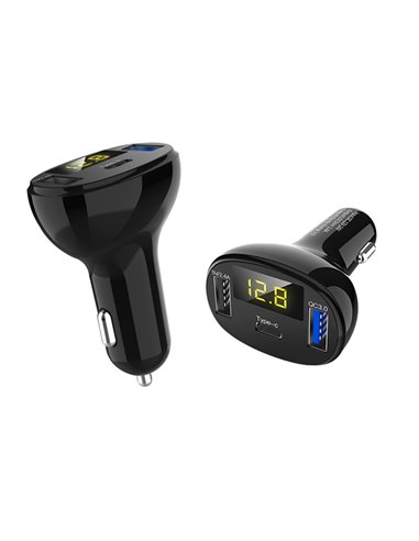 INCARCATOR AUTO 1xUSB QC3.0 + 1xUSB 2.4A + 1xUSB Type-C CU AFISAJ TENSIUNE/PUTERE LED