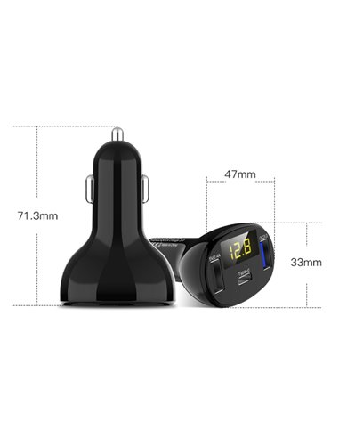INCARCATOR AUTO 1xUSB QC3.0 + 1xUSB 2.4A + 1xUSB Type-C CU AFISAJ TENSIUNE/PUTERE LED