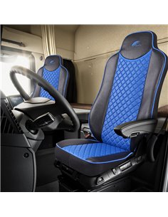 SET HUSE SCAUN TRUCK UMBRELLA PENTRU MERCEDES ACTROS EURO 5 1844 MP2 MP3 MP4 PIELE ECOLOGICA NEAGRA + ALBASTRU