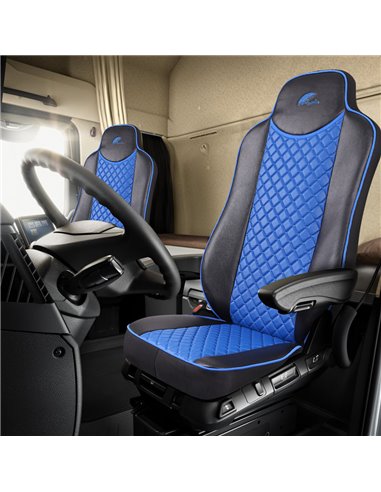 SET HUSE SCAUN TRUCK UMBRELLA PENTRU MERCEDES ACTROS EURO 5 1844 MP2 MP3 MP4 PIELE ECOLOGICA NEAGRA + ALBASTRU