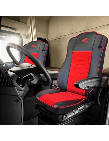 SET HUSE SCAUN TRUCK UMBRELLA PENTRU MERCEDES MP5 MP6 EURO 6 PIELE ECOLOGICA NEAGRA + VELVET ROSU