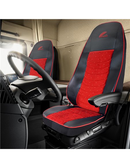 SET HUSE SCAUN TRUCK UMBRELLA PENTRU SCANIA SERIA R 2006-2020 PIELE ECOLOGICA NEAGRA + VELVET ROSU