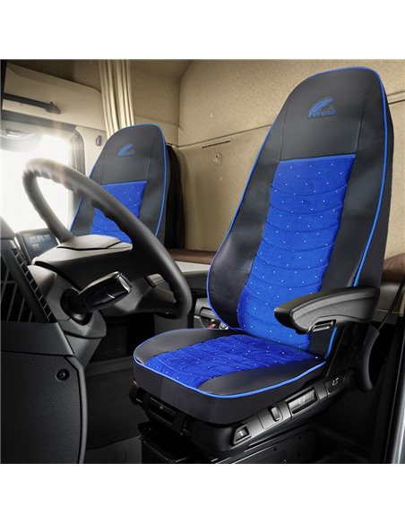 SET HUSE SCAUN TRUCK UMBRELLA PENTRU VOLVO EURO 5 PIELE ECOLOGICA NEAGRA + VELVET ALBASTRU